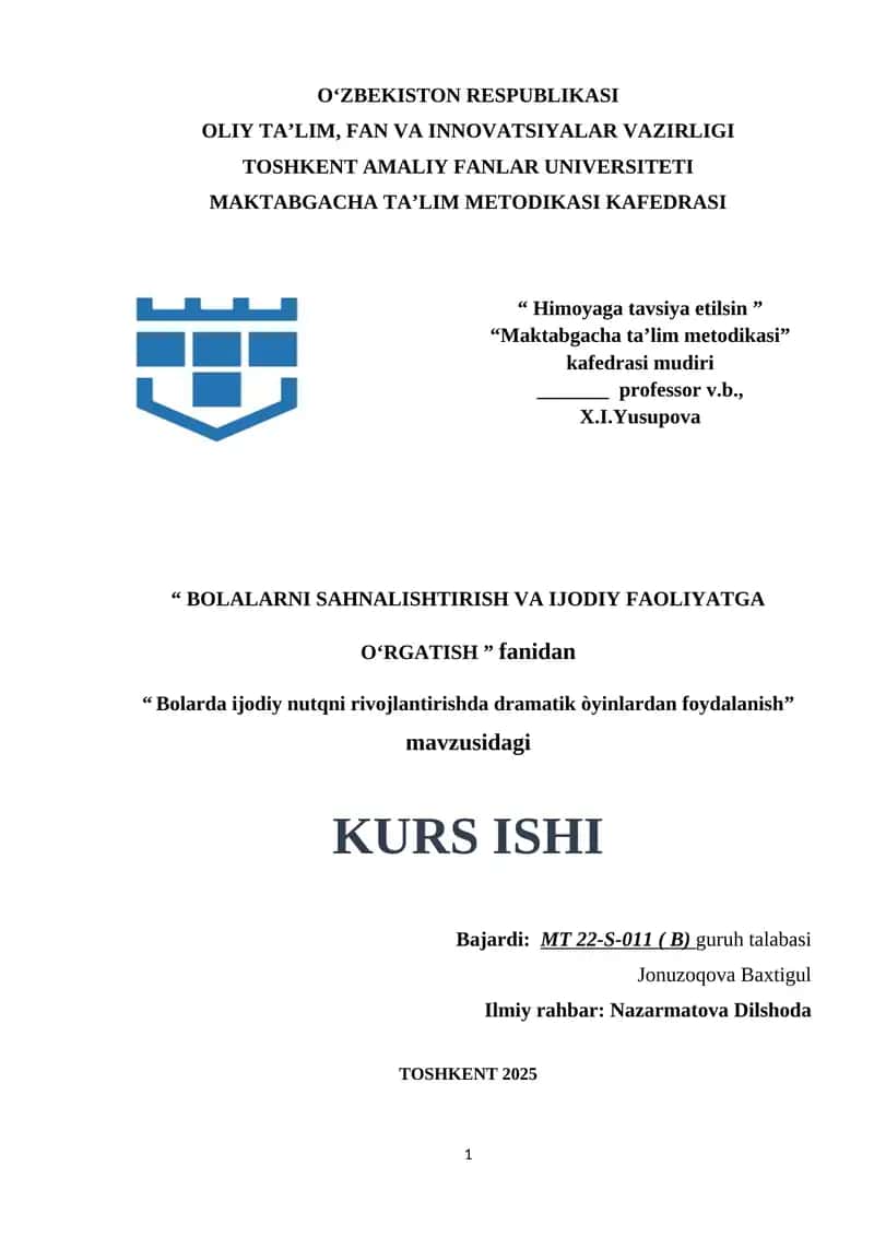 Bolarda ijodiy nutqni rivojlantirishda dramatik òyinlardan foydalanish 1