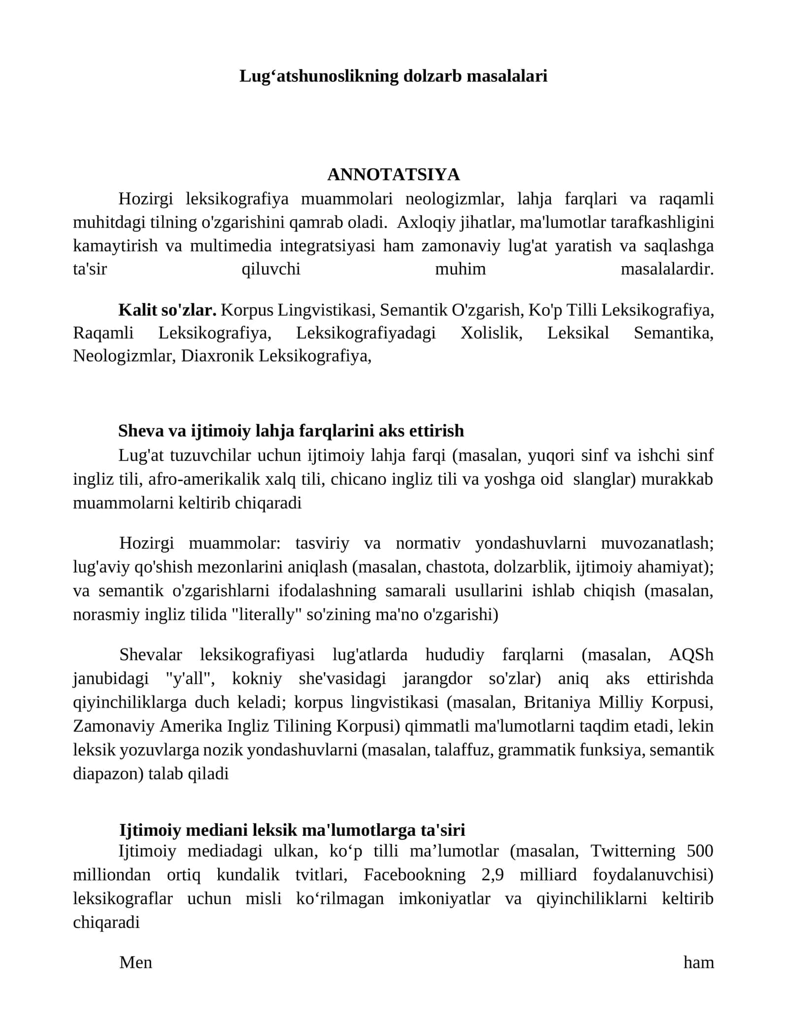 Lugʻatshunoslikning dolzarb masalalari 1