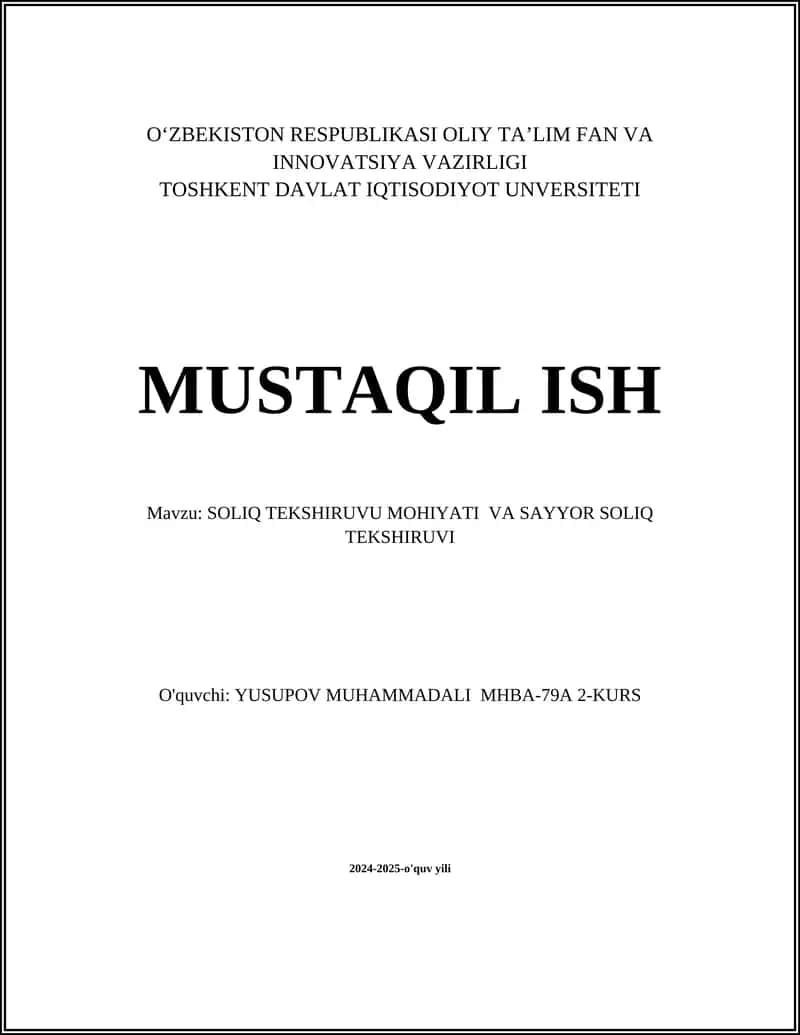 SOLIQ TEKSHIRUVU MOHIYATI VA SAYYOR SOLIQ TEKSHIRUVI 1