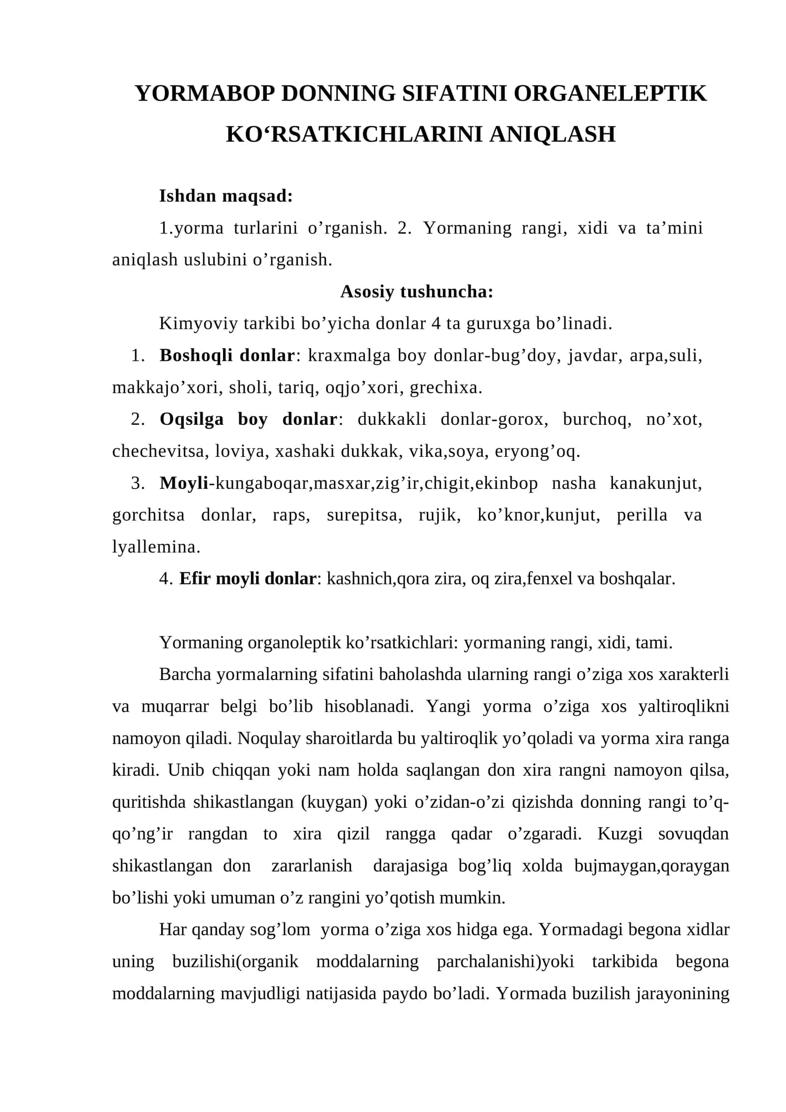 YORMABOP DONNING SIFATINI ORGANELEPTIK KO‘RSATKICHLARINI ANIQLASH 1