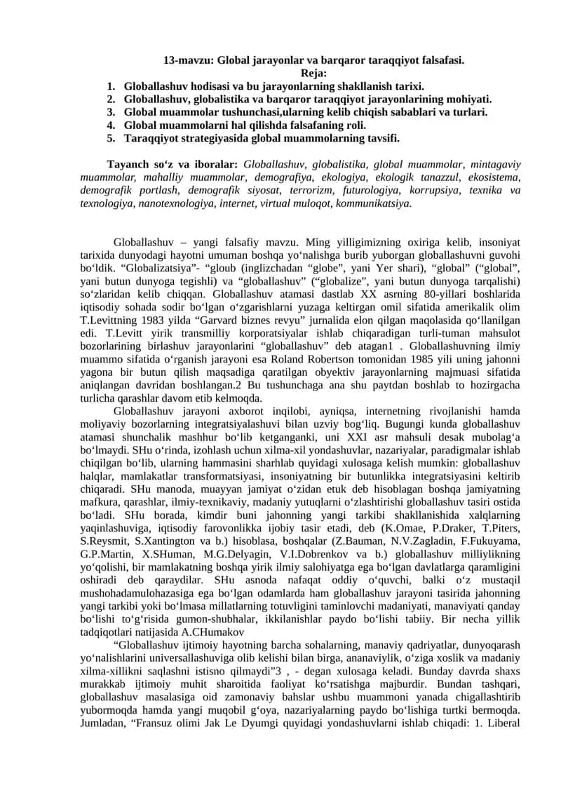 Global jarayonlar va barqaror taraqqiyot falsafasi 1