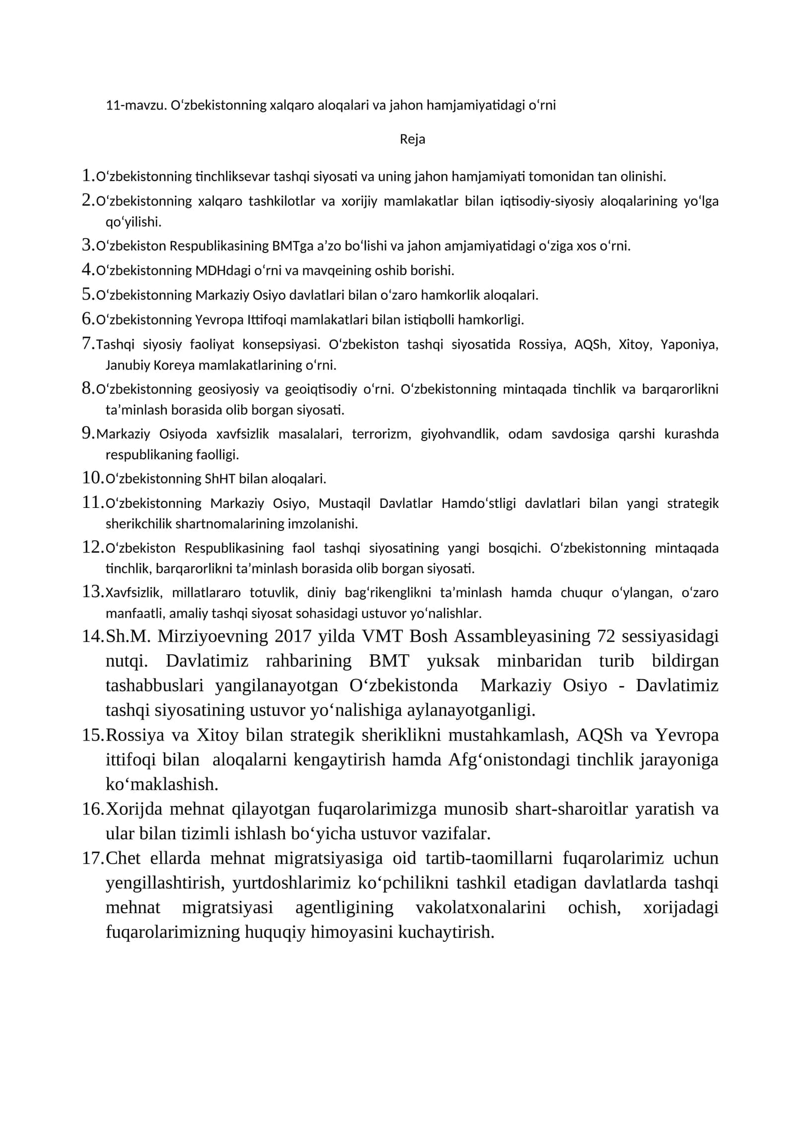 11-mavzu. O‘zbekistonning xalqaro aloqalari va jahon hamjamiyatidagi o‘rni 1