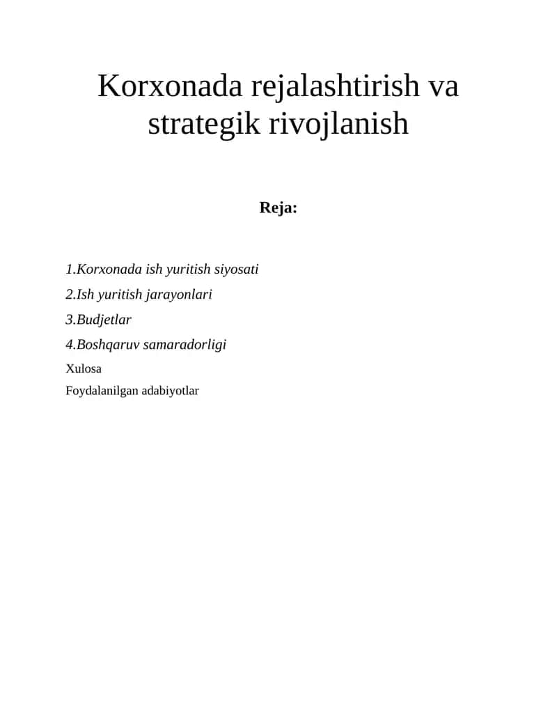 Korxonada rejalashtirish va strategik rivojlanish 1