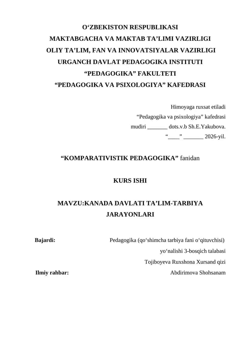 KANADA DAVLATI TA’LIM-TARBIYA JARAYONLARI 1