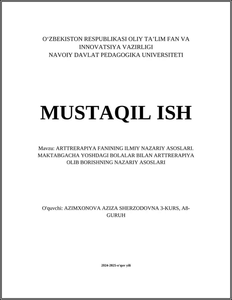 ARTTRERAPIYA FANINING ILMIY NAZARIY ASOSLARI. MAKTABGACHA YOSHDAGI BOLALAR BILAN ARTTRERAPIYA OLIB BORISHNING NAZARIY ASOSLARI 1