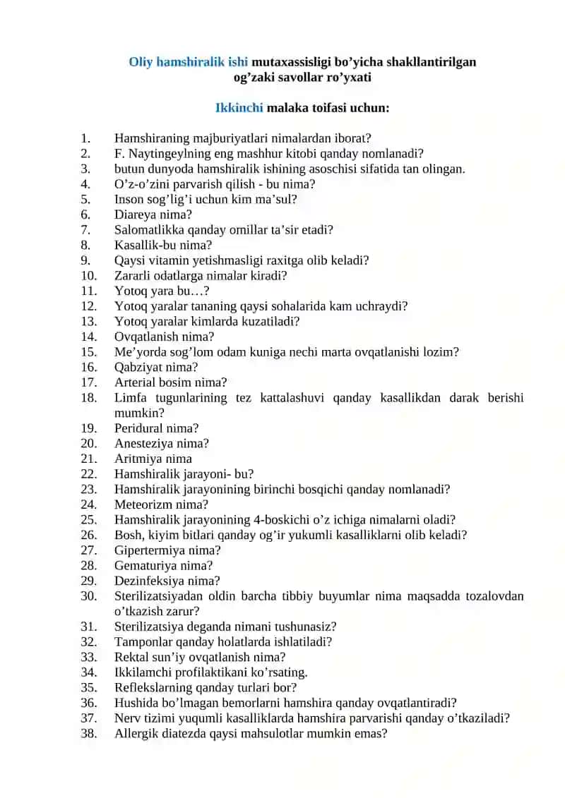 OLIY HAMSHIRALIK ISHI MUTAXASISILIGI BO'YICHA TEST 1