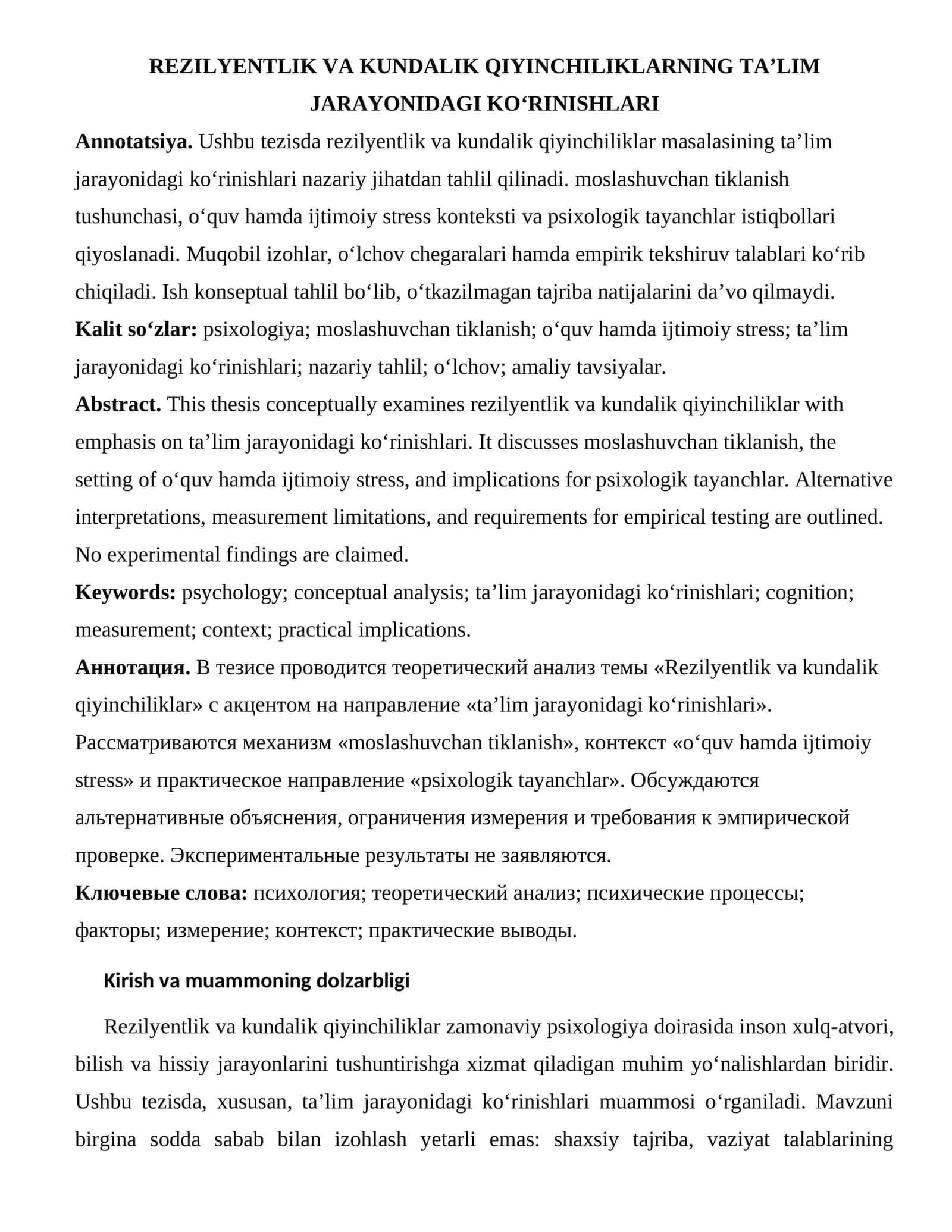 REZILYENTLIK VA KUNDALIK QIYINCHILIKLARNING TA’LIM JARAYONIDAGI KO‘RINISHLARI 1
