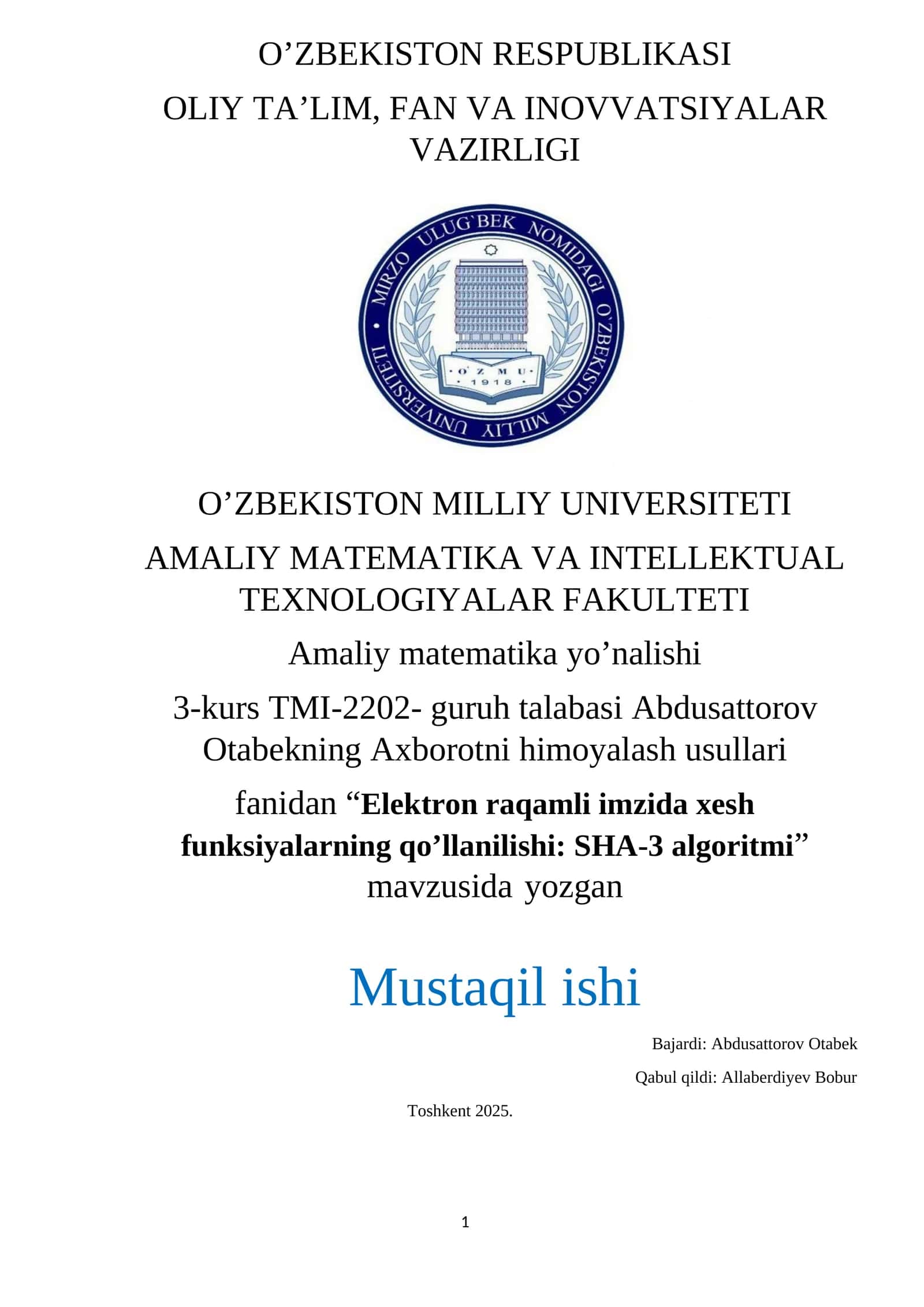 Elektron raqamli imzida xesh funksiyalarning qo’llanilishi: SHA-3 algoritmi 1
