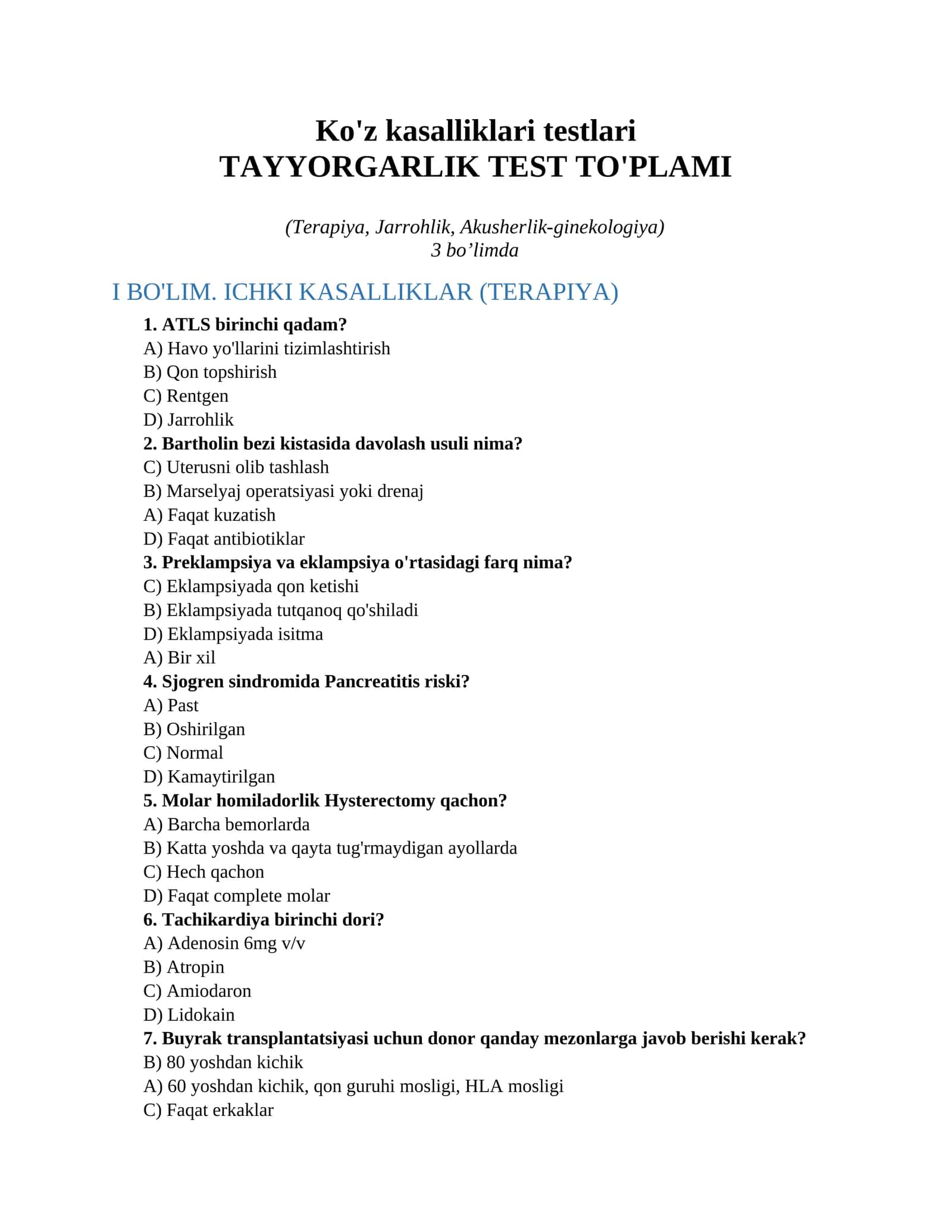 Ko'z kasalliklari testlari 1