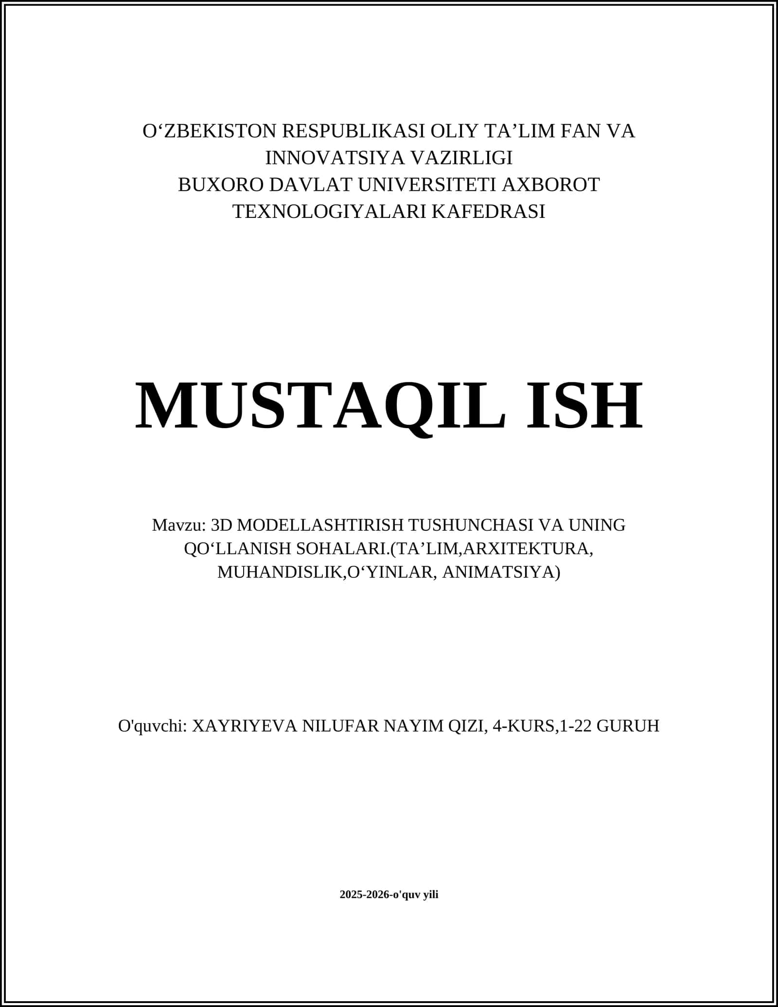 3D MODELLASHTIRISH TUSHUNCHASI VA UNING QOʻLLANISH SOHALARI 1