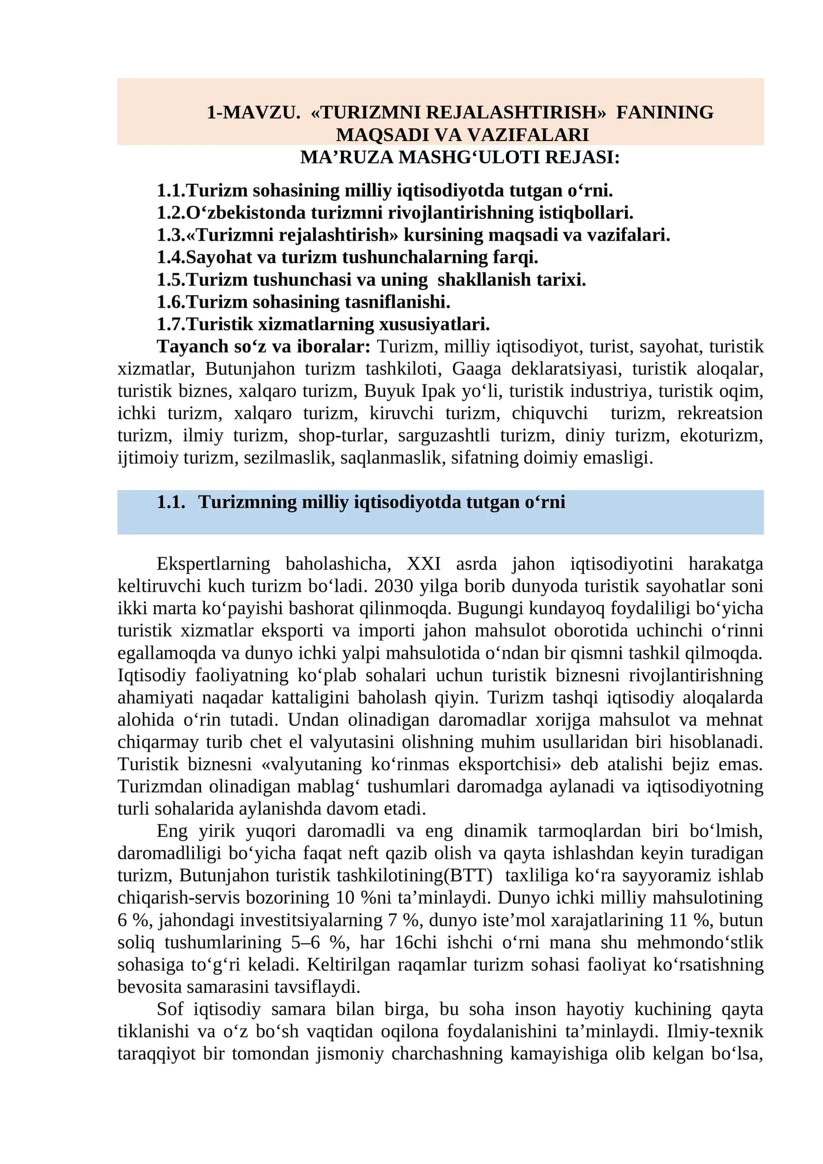 "TURIZMNI REJALASHTIRISH" 1