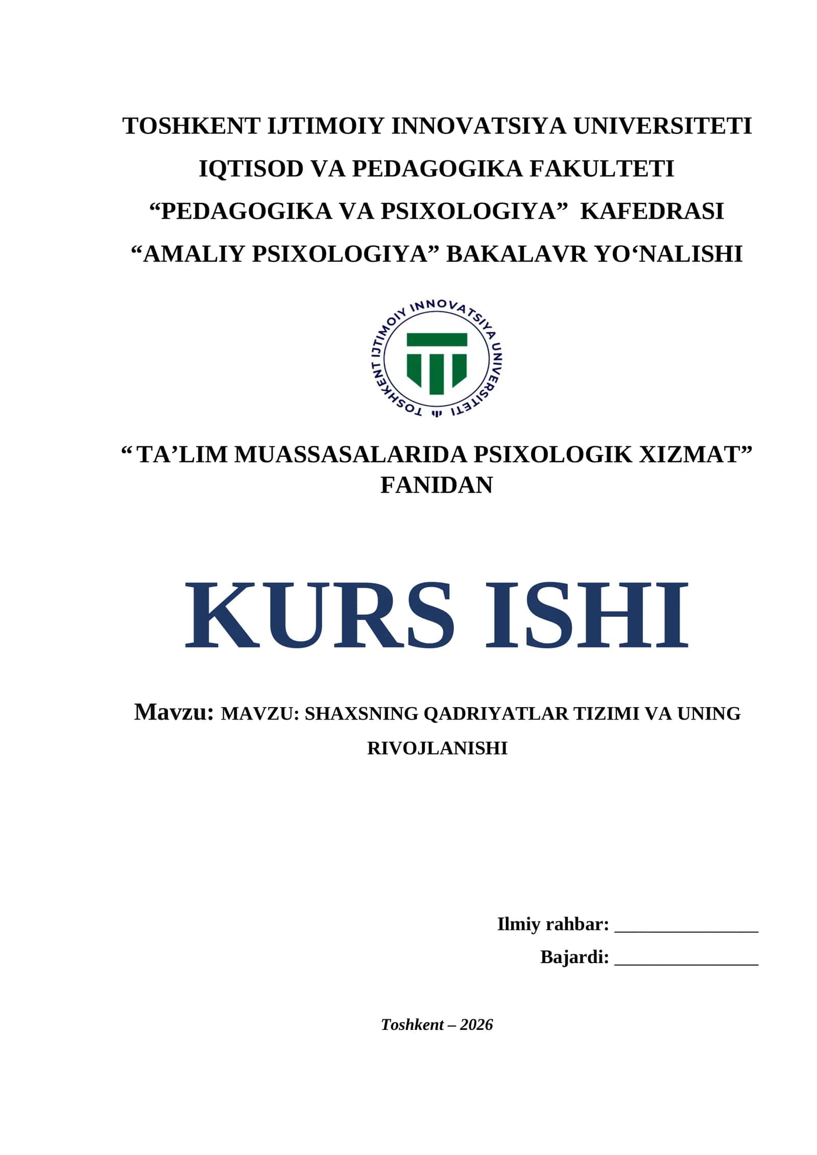 Shaxsning qadriyatlar tizimi va uning rivojlanishi 1