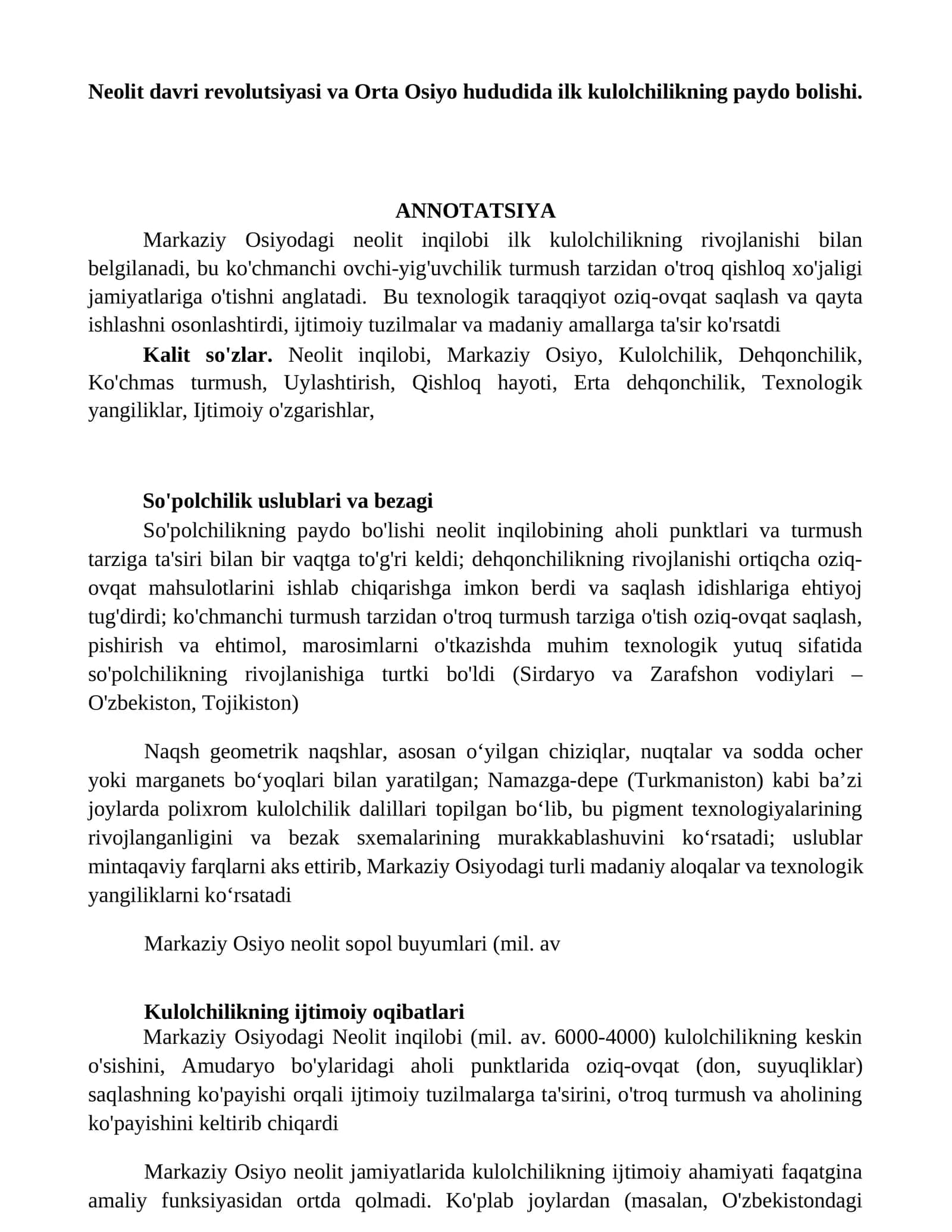 Neolit davri revolutsiyasi va Orta Osiyo hududida ilk kulolchilikning paydo bolishi 1