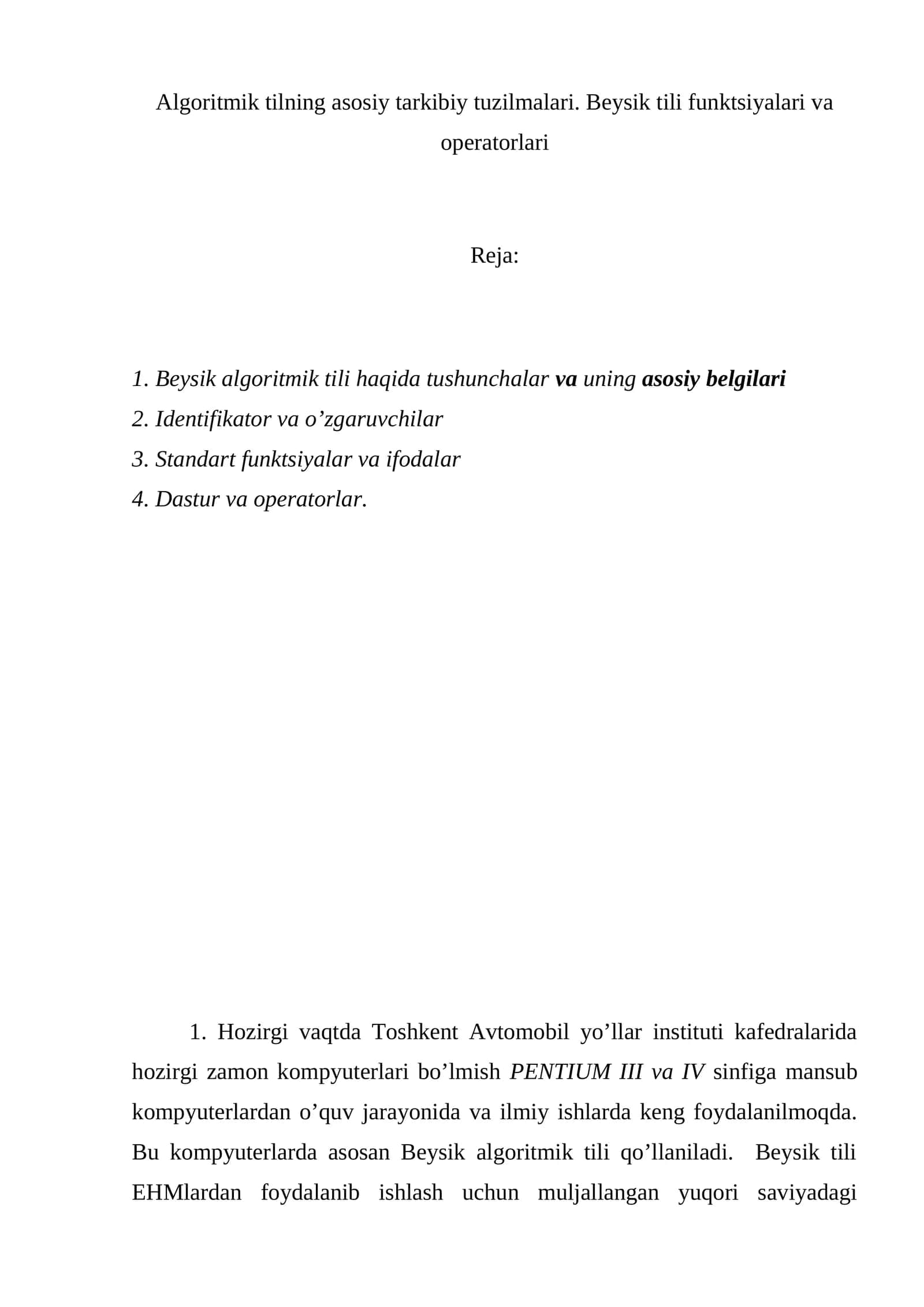 Algoritmik tilning asosiy tarkibiy tuzilmalari. Beysik tili funktsiyalari va operatorlari 1
