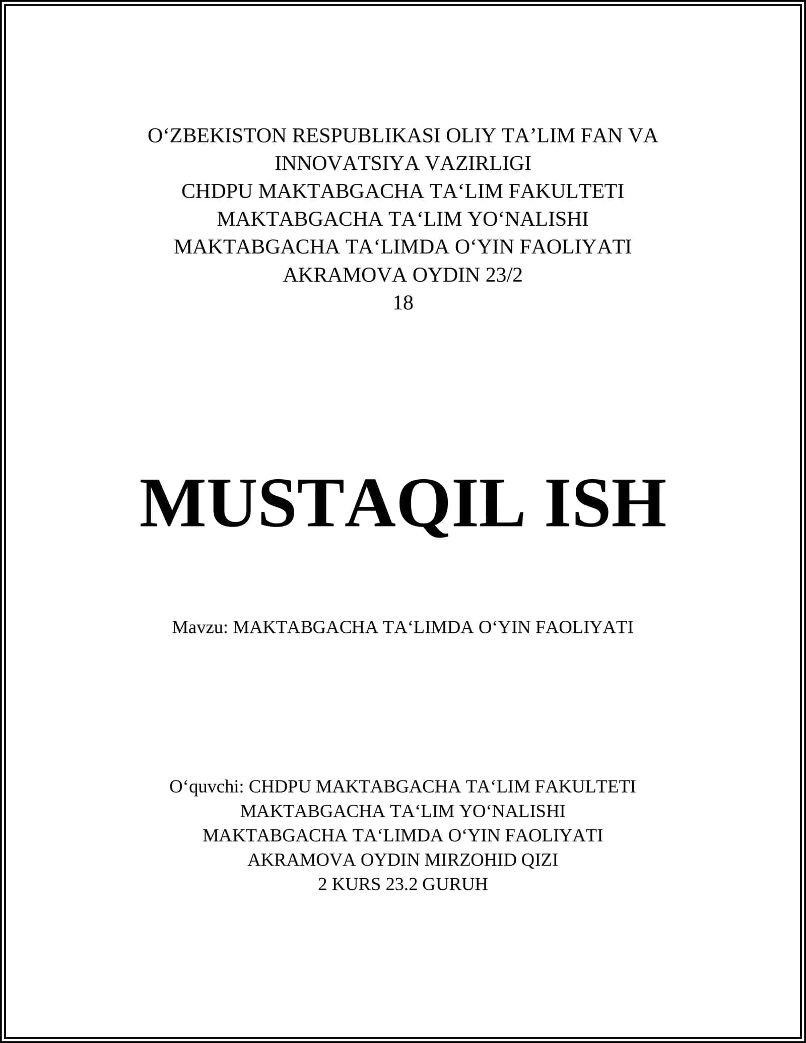 MAKTABGACHA TA‘LIMDA O‘YIN FAOLIYATI 1