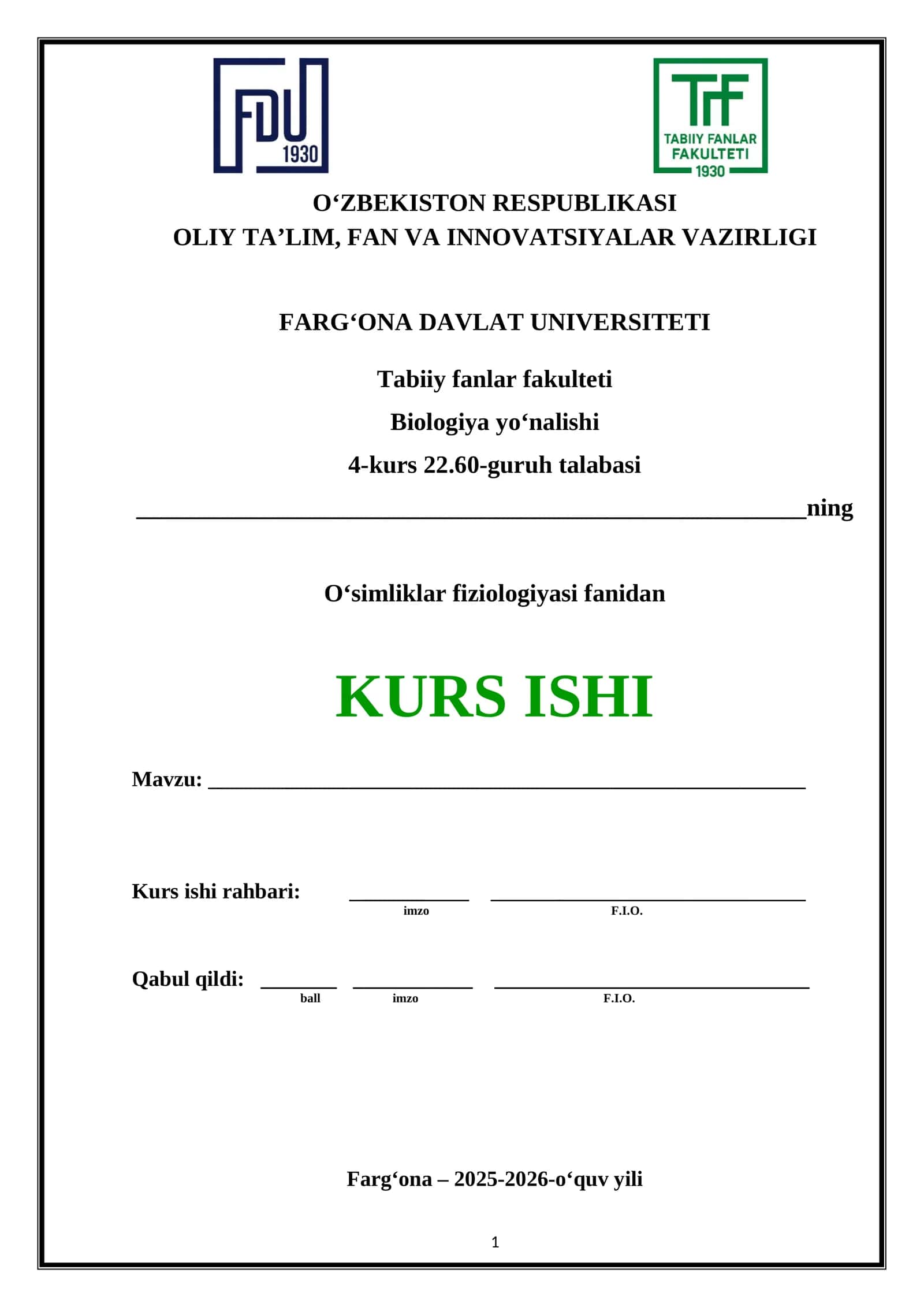 Kurs ishi - O‘simliklar fiziologiyasi fanidan 1