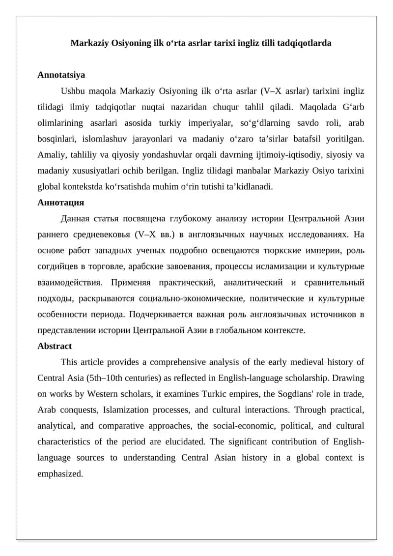 Markaziy Osiyoning ilk o‘rta asrlar tarixi ingliz tilli tadqiqotlarda 1