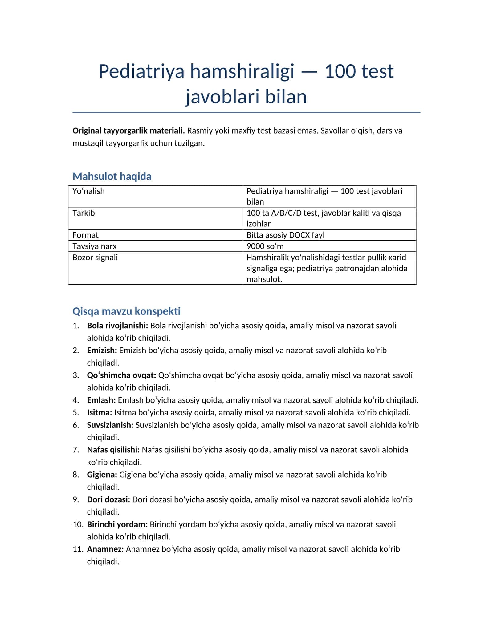 Pediatriya hamshiraligi — 100 test javoblari bilan 1