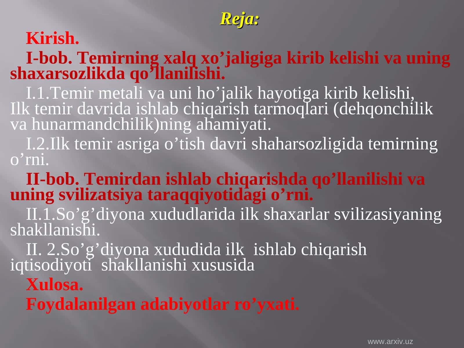 Tеmirning хаlq хo’jаligigа kirib kеlishi vа uning shахаrsоzlikdа qo’llаnilishi. 1