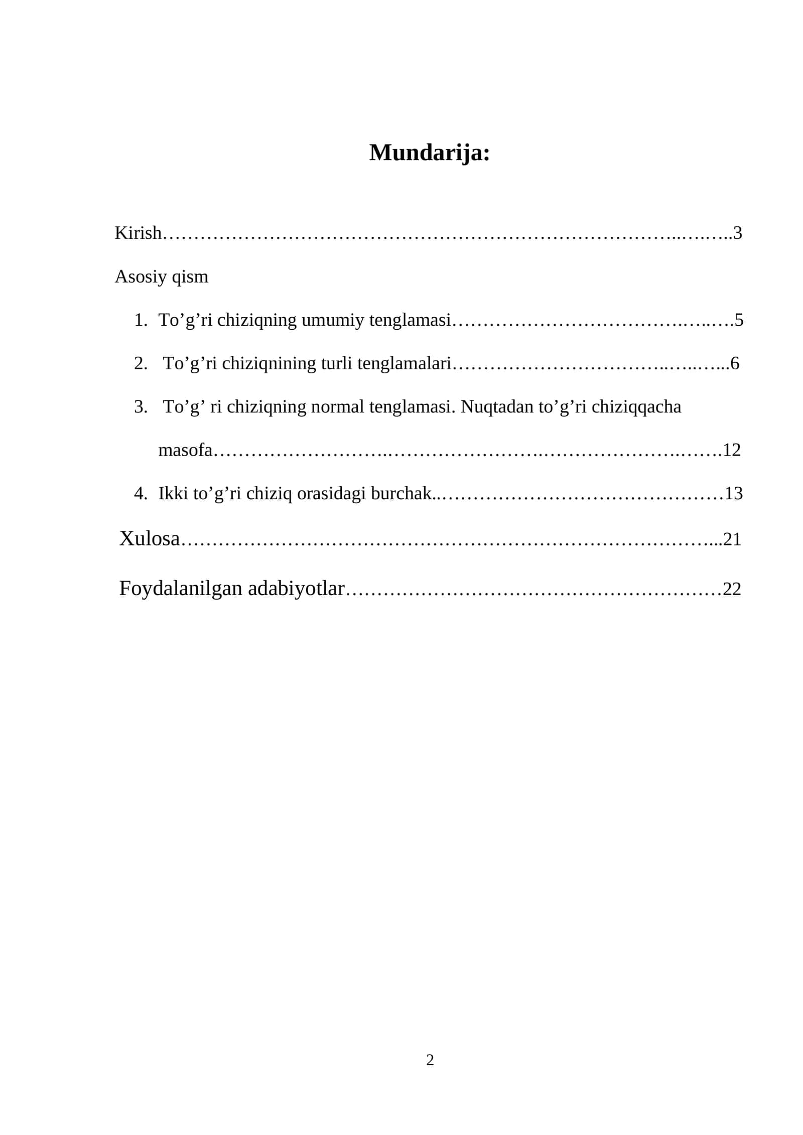 "To’g’ri chiziq va uning turli tenglamalari" 1