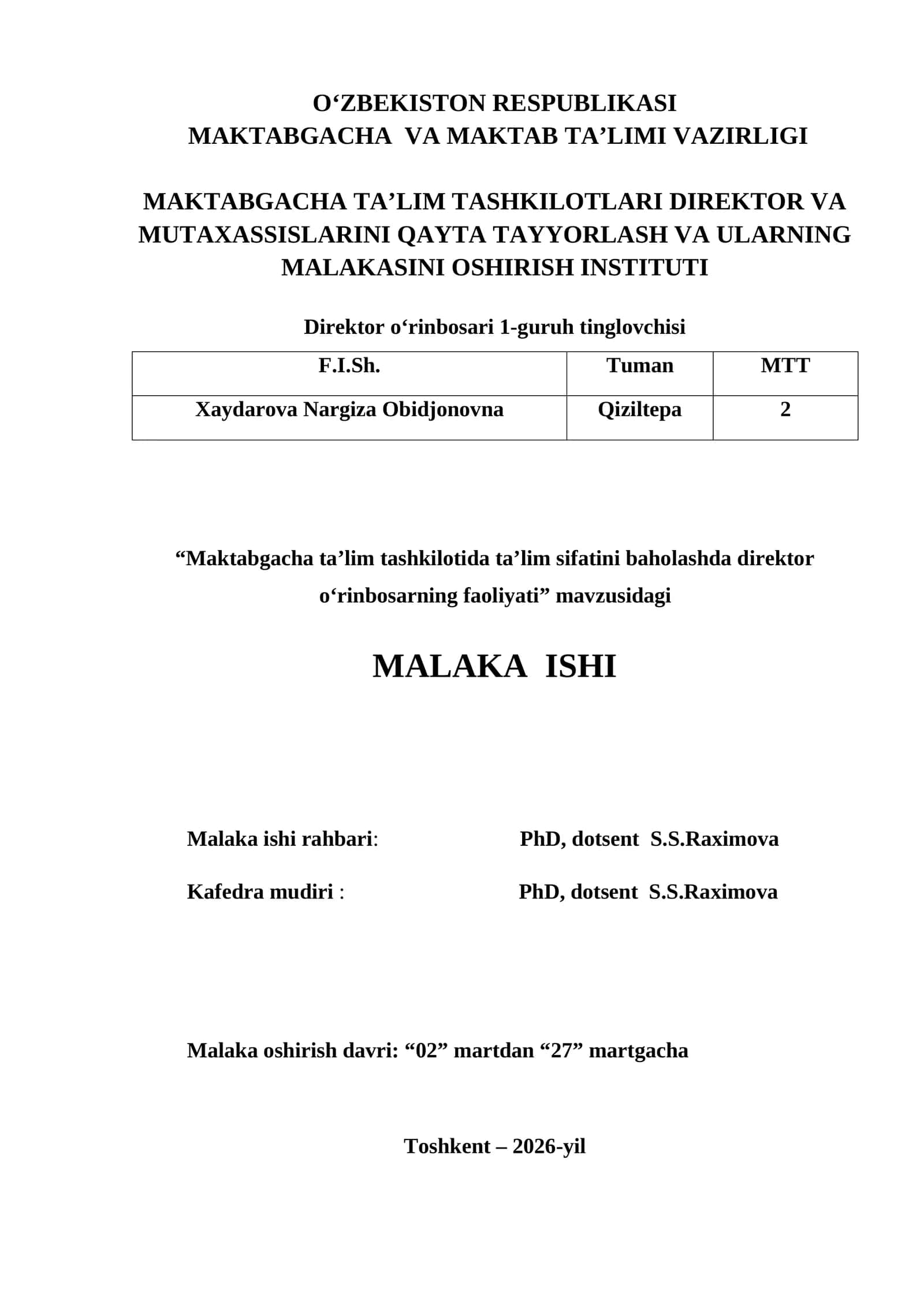 Malaka ishi: “Maktabgacha ta’lim tashkilotida ta’lim sifatini baholashda direktor o‘rinbosarning faoliyati” 1