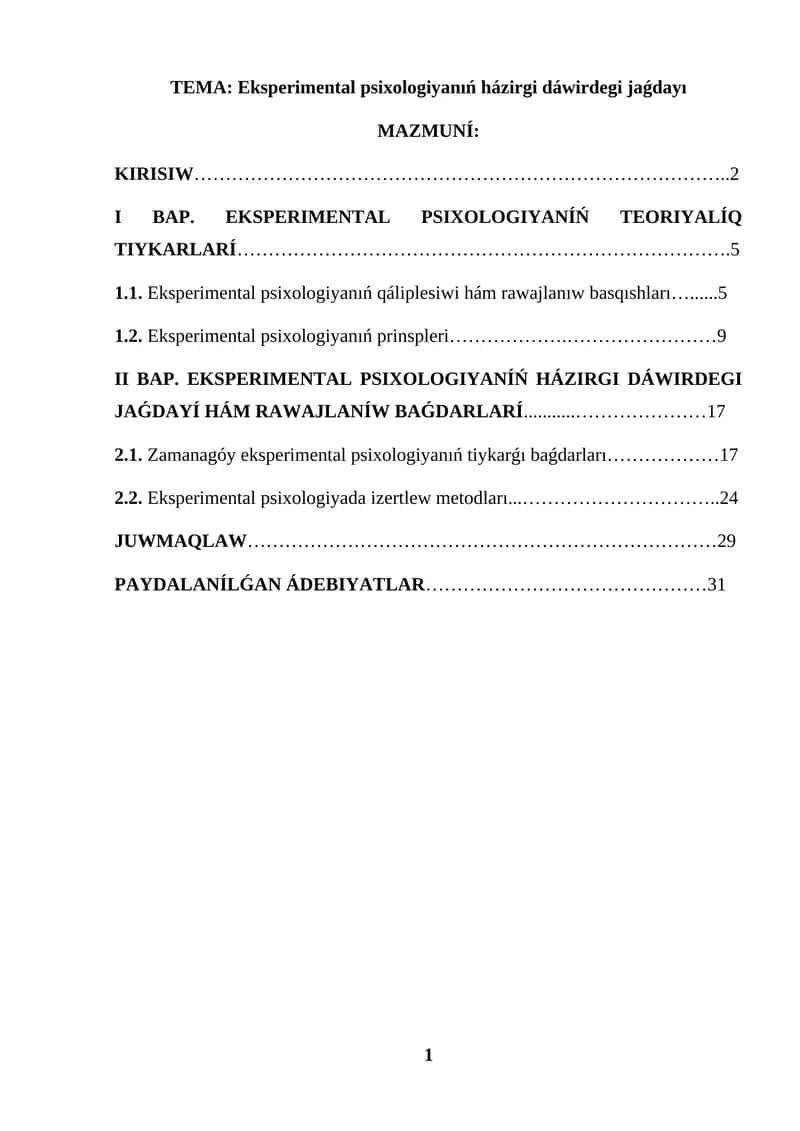 KURS JUMISI EKSPERIMENTAL PSIXOLOGIYANIŃ HÁZIRGI DÁWIRDEGI JAǴDAYI 1