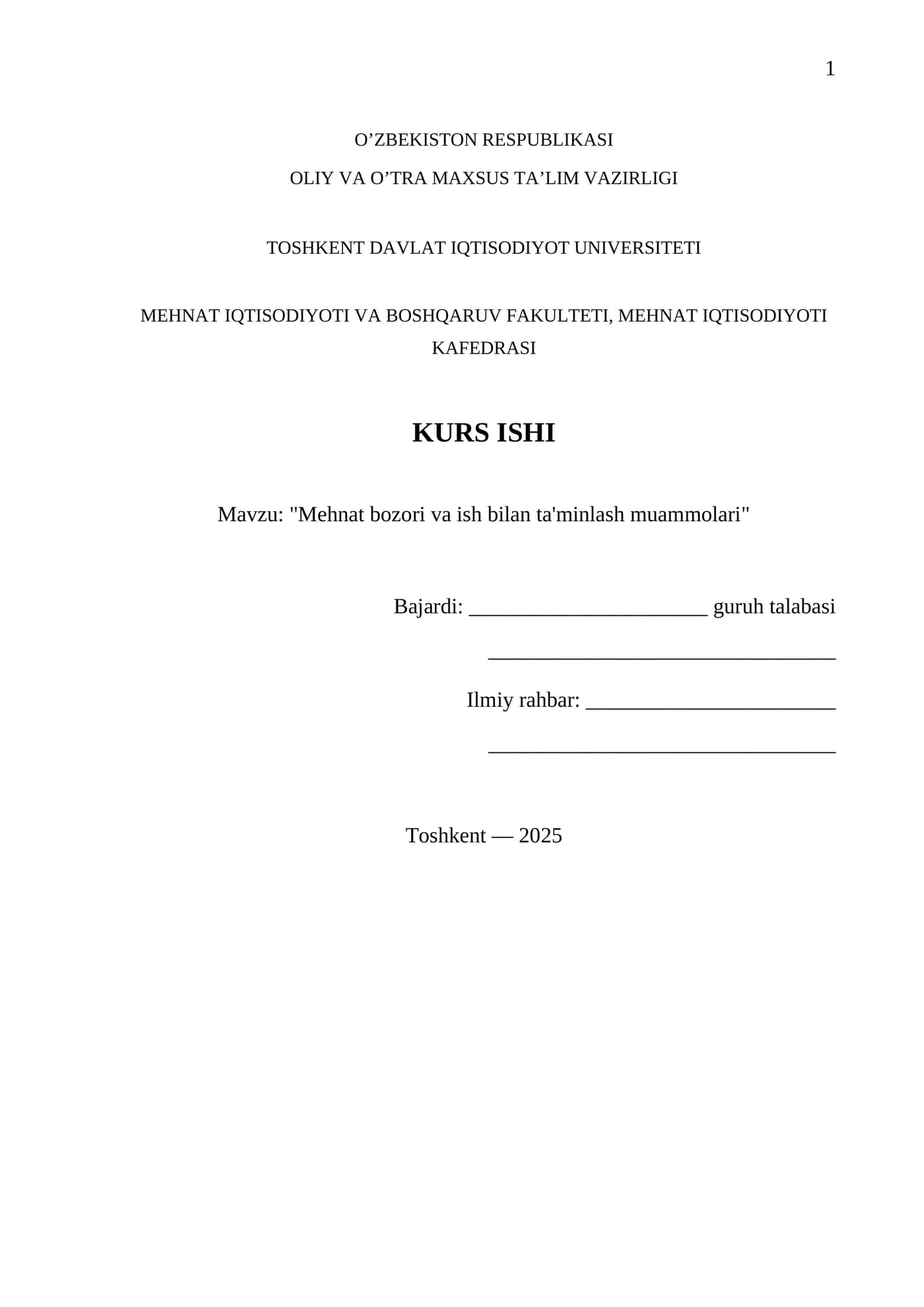 Mehnat bozori va ish bilan ta'minlash muammolari 1