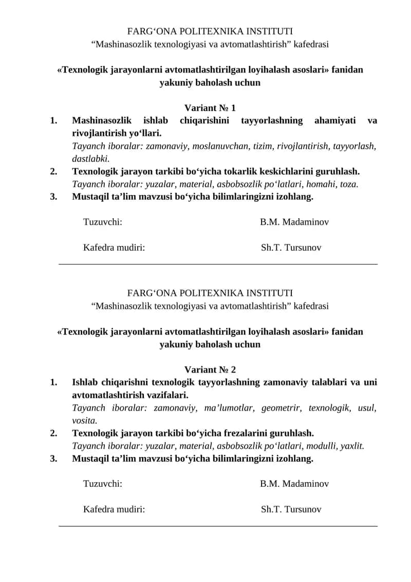 Texnologik jarayonlarni avtomatlashtirilgan loyihalash asoslari 1