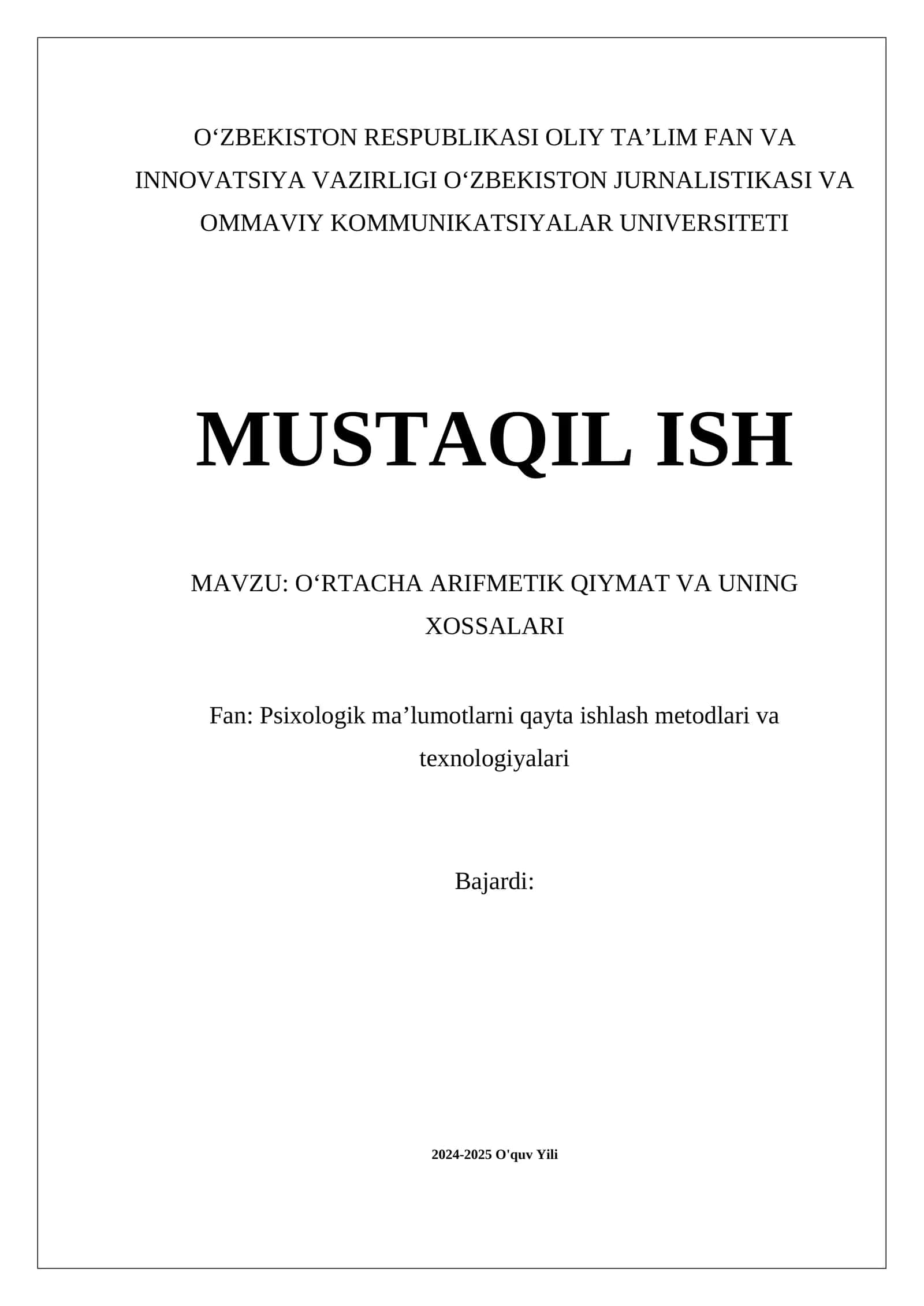 OʻRTACHA ARIFMETIK QIYMAT VA UNING XOSSALARI 1