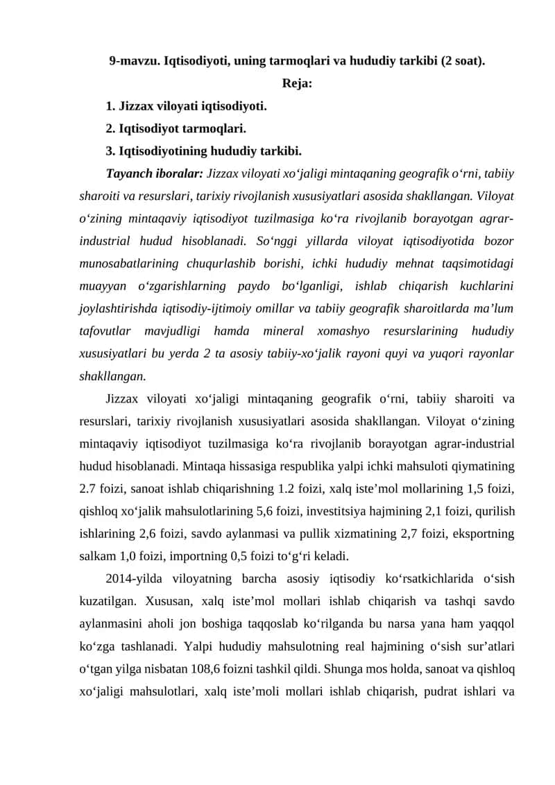 Iqtisodiyoti, uning tarmoqlari va hududiy tarkibi 1