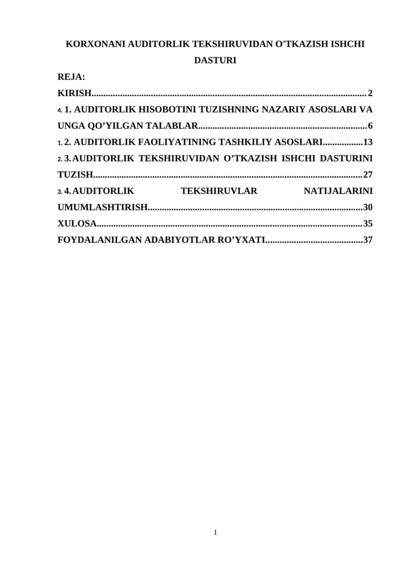 Auditorlik tekshiruvidan o'tkazish ishchi dasturi 1