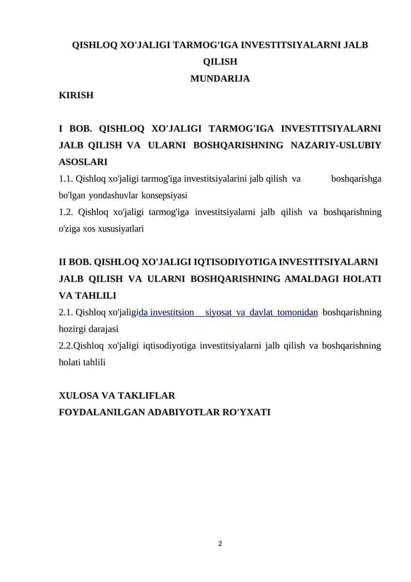 QISHLOQ XO'JALIGI TARMOG'IGA INVESTITSIYALARNI JALB QILISH 1