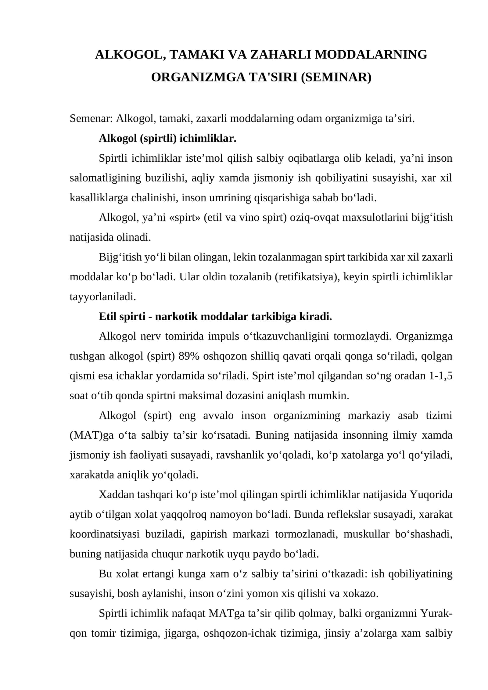 Alkogol, Tamaki va Zaharli Moddalar ORGANIZMGA Ta'siri (SEMINAR) 1
