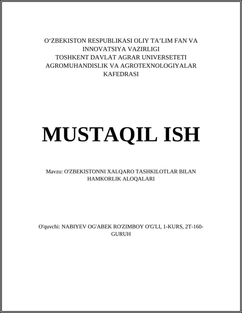 O'ZBEKISTONNI XALQARO TASHKILOTLAR BILAN HAMKORLIK ALOQALARI 1
