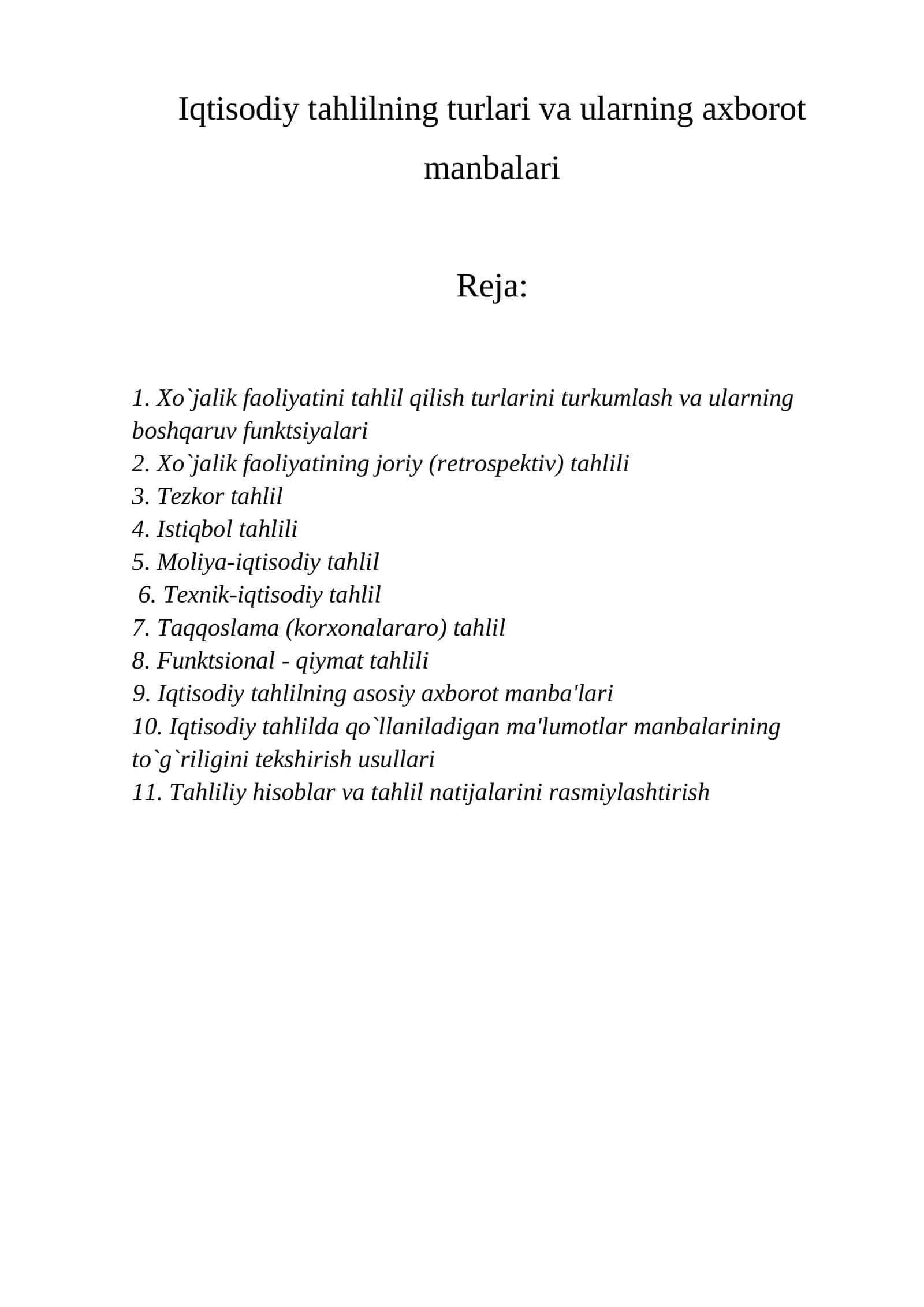 Iqtisodiy tahlilning turlari va ularning axborot manbalari 1