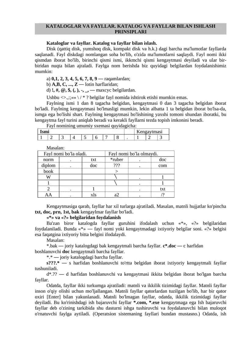 Kataloglar va fayllar. Katalog va fayllar bilan islash 1