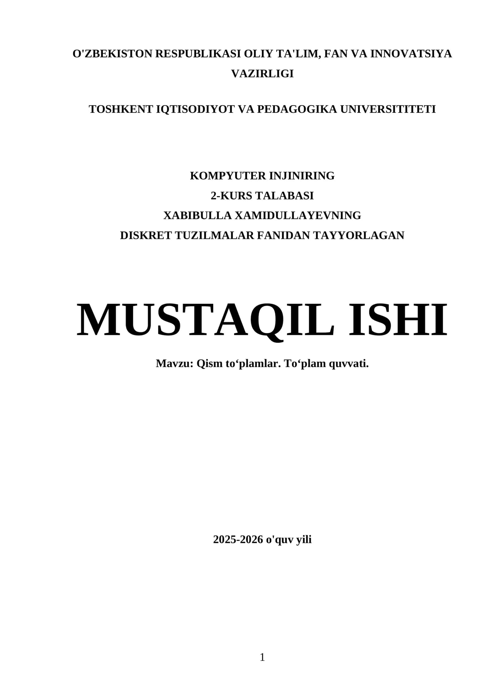 Diskret tuzilmalar fanidan tayyorlagan mustaqil ish 1