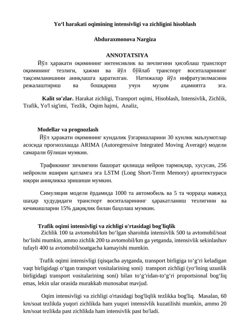 Yoʻl harakati oqimining intensivligi va zichligini hisoblash 1