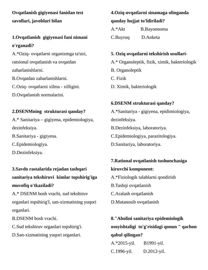 Ovqatlanish gigiyenasi fanidan test savollari, javoblari bilan 1