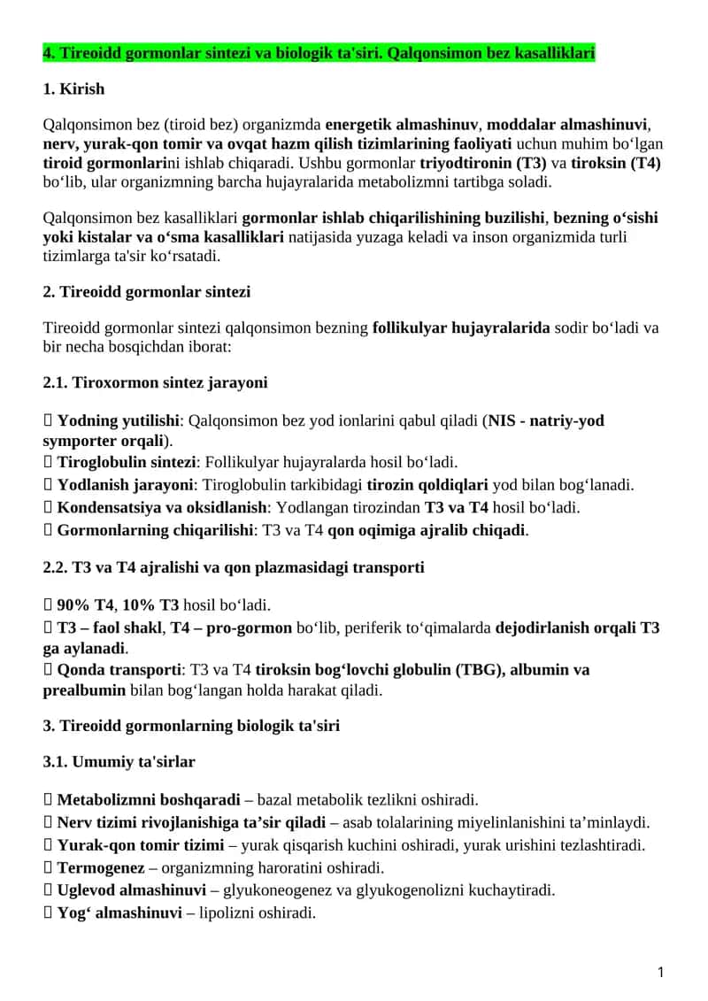 Tireoidd gormonlar sintezi va biologik ta'siri 1