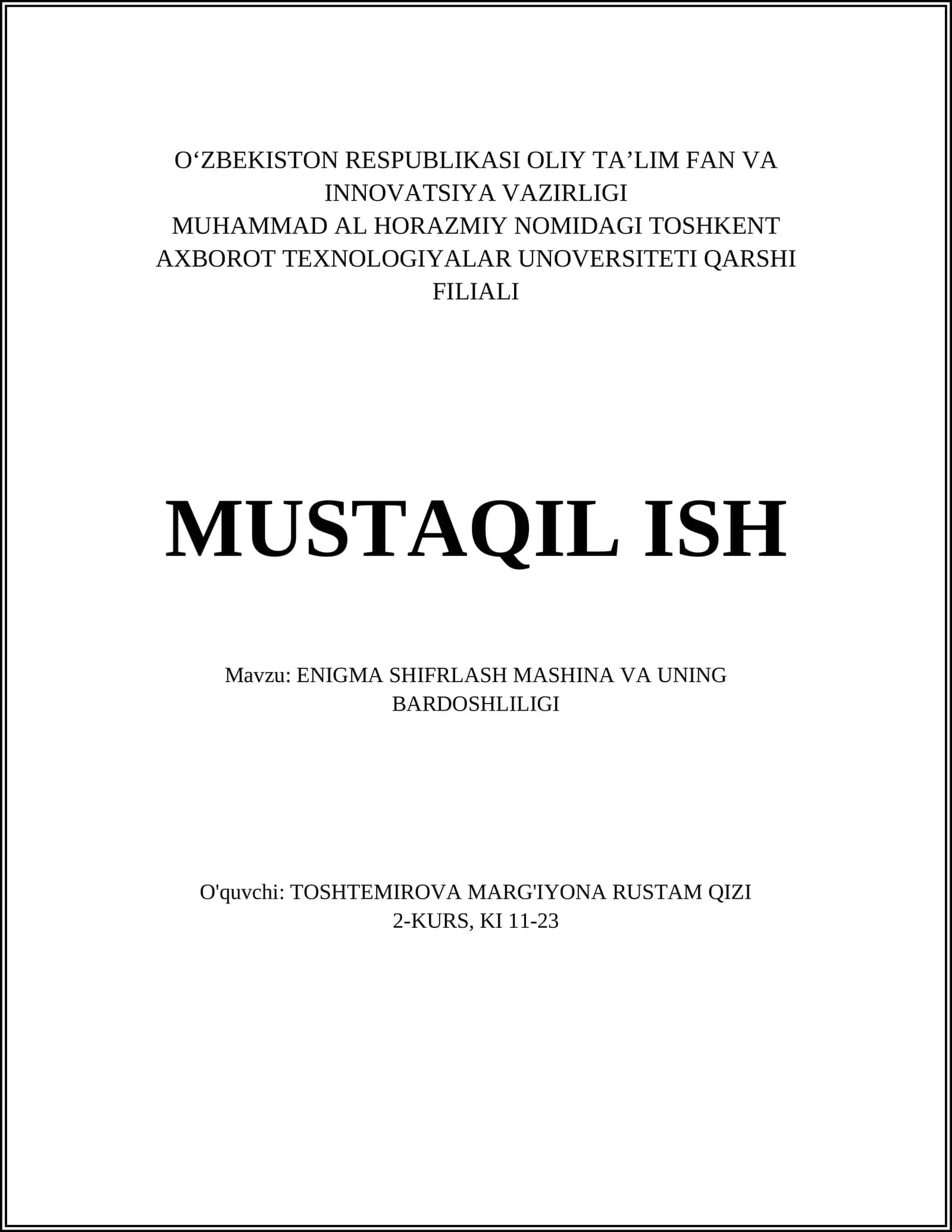 ENIGMA SHIFRLASH MASHINA VA UNING BARDOSHLILIGI 1