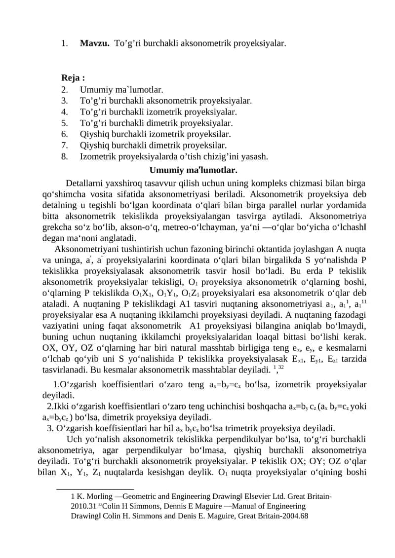 To’g’ri burchakli aksonometrik proyeksiyalar. 1
