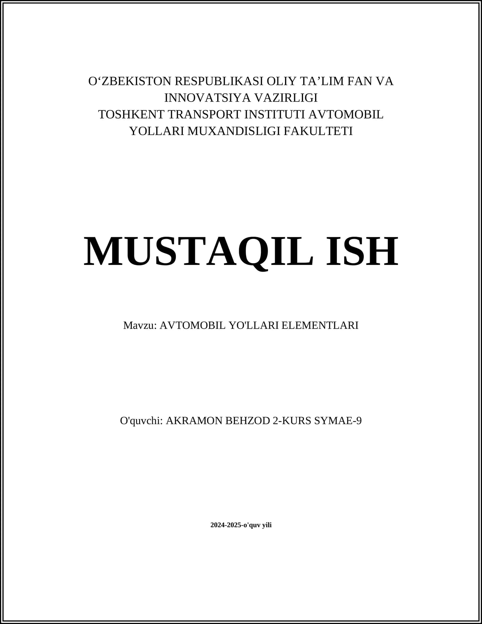 AVTOMOBIL YO'LLARI ELEMENTLARI 1