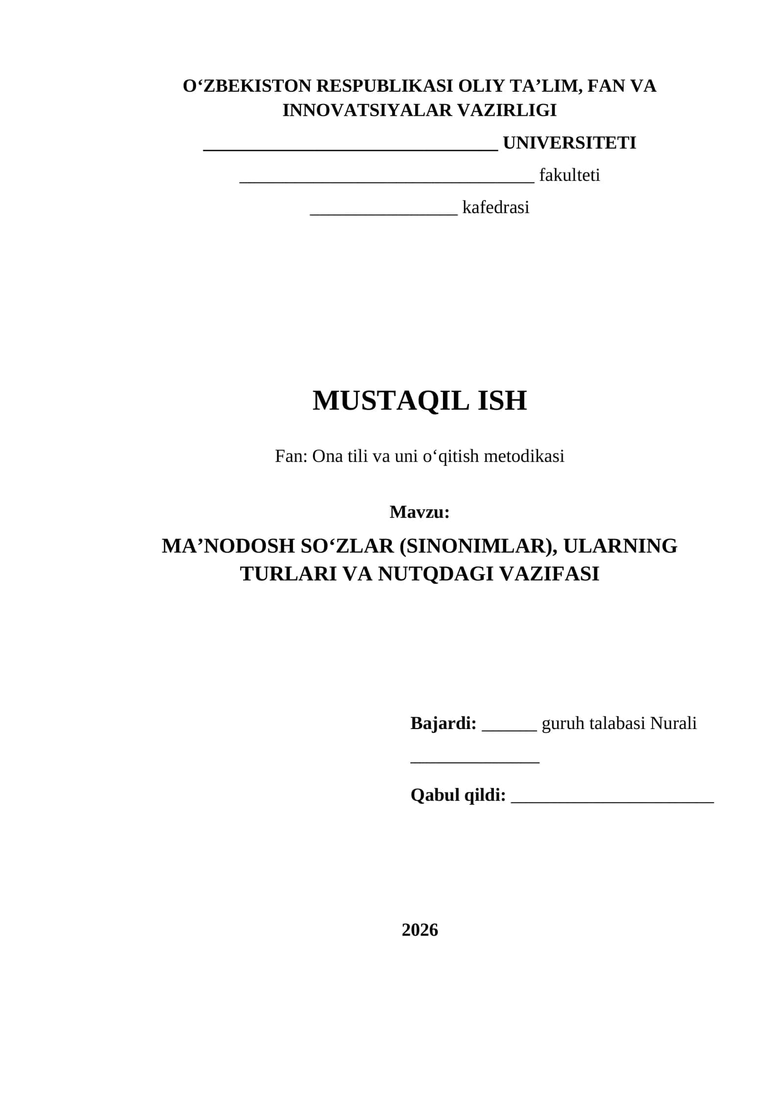 MAʼNODOSH SOʻZLAR (SINONIMLAR), ULARNING TURLARI VA NUTQDAGI VAZIFASI 1