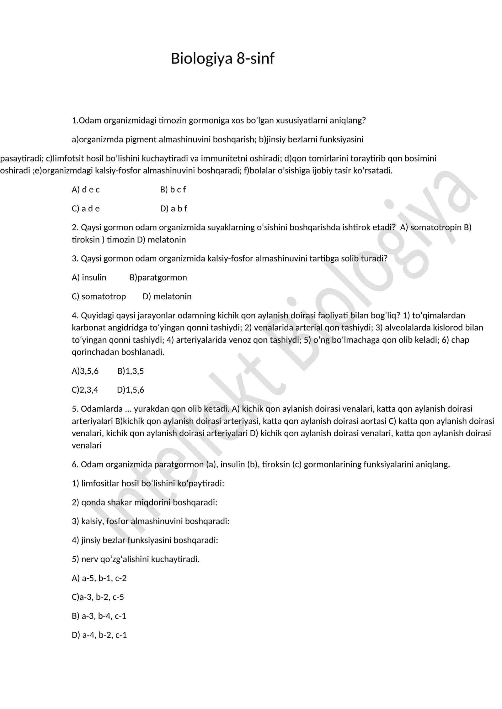 Biologiya 8-sinf mavzulashtirilgan 1