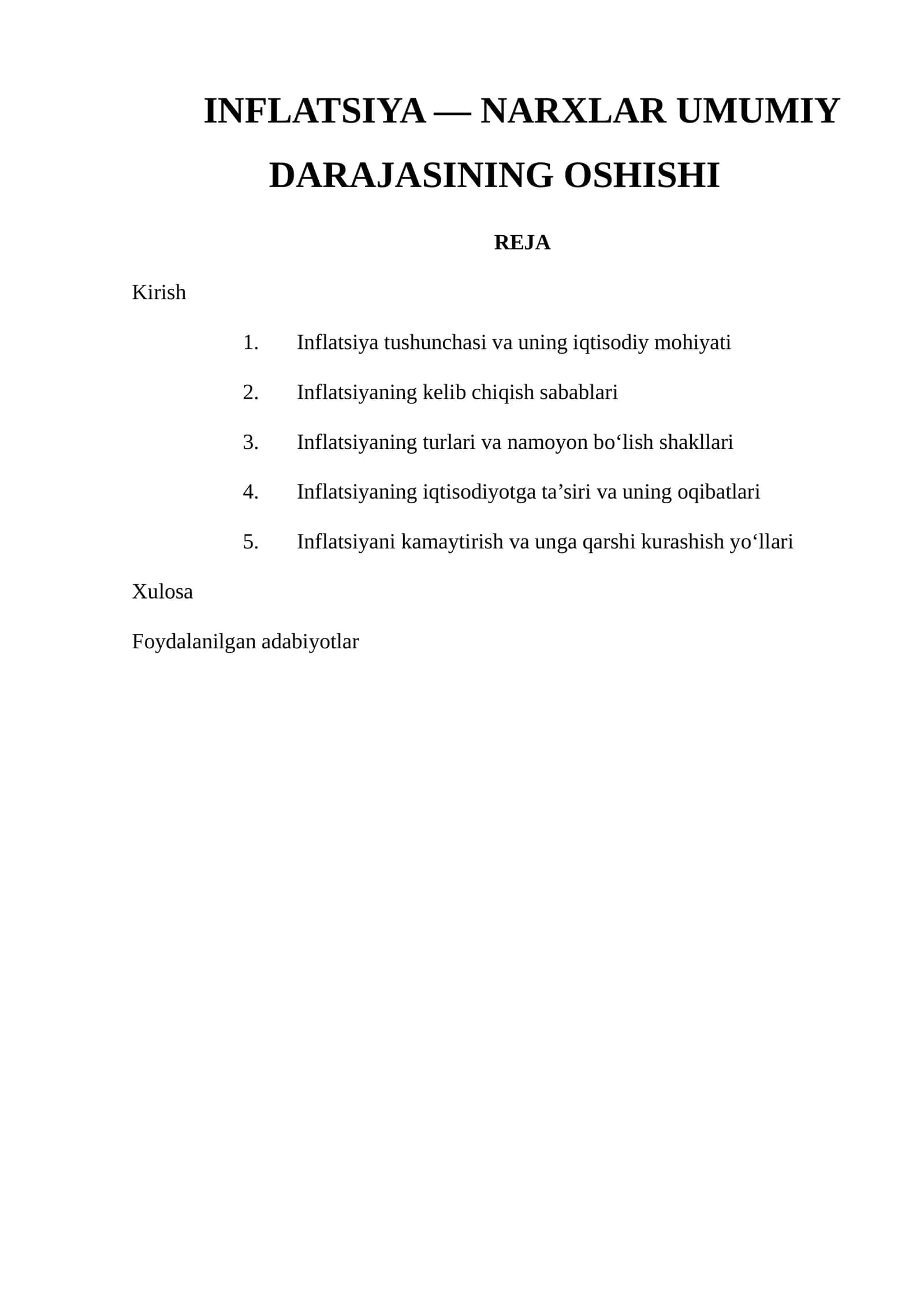 INFLATSIYA — NARXLAR UMUMIY DARAJASINING OSHISHI 1