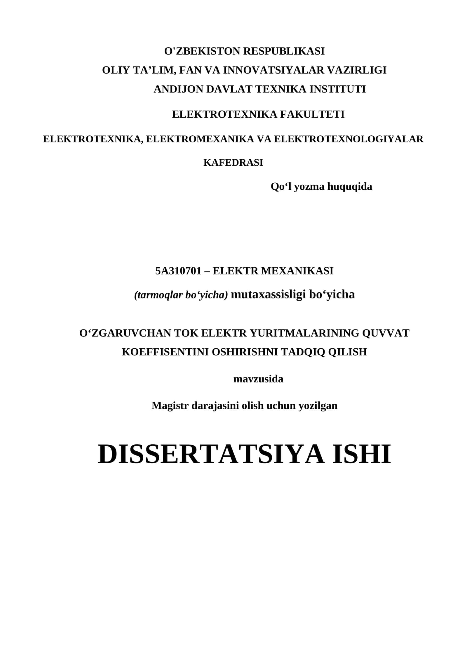O‘zgaruvchan tok elektr yuritmalarining quvvat koeffitsiyentni oshirishni tadqiq qilish 1