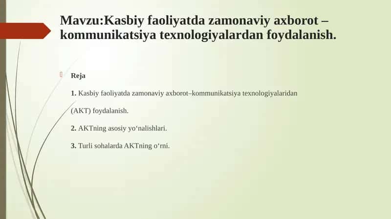 Kasbiy faoliyatda zamonaviy axborot – kommunikatsiya texnologiyalardan foydalanish 1