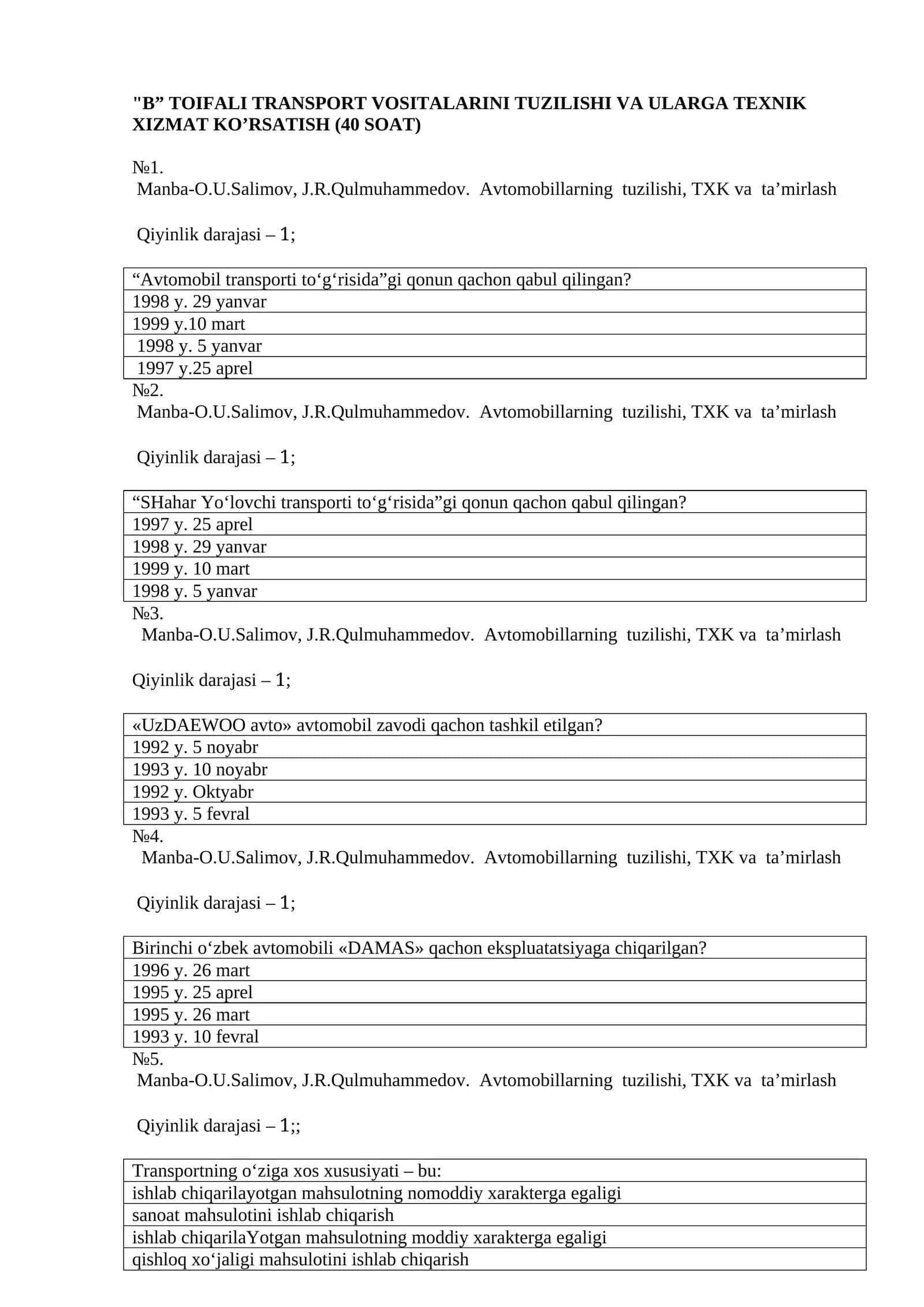 B” TOIFALI TRANSPORT VOSITALARINI TUZILISHI VA ULARGA TEXNIK XIZMAT KO’RSATISH 1