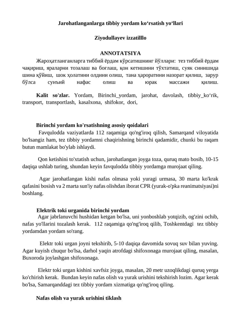 Jarohatlanganlarga tibbiy yordam koʻrsatish yoʻllari 1